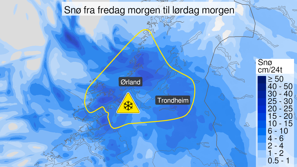 Kart over Snø, gult nivå, Deler av Trøndelag, 2023-12-22T08:00:00+00:00, 2023-12-23T07:00:00+00:00