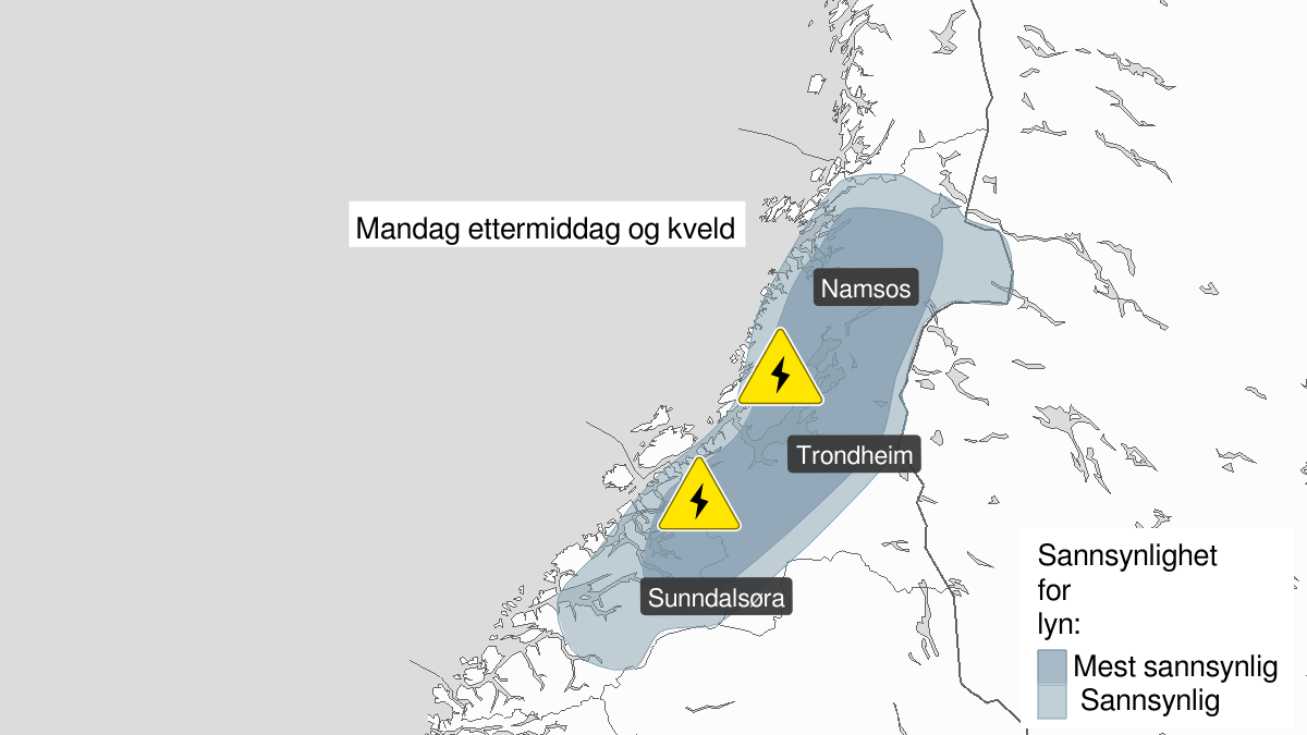Kart over Mye lyn, gult nivå, Deler av Møre og Romsdal og Trøndelag, 2023-07-10T10:00:00+00:00, 2023-07-10T18:00:00+00:00