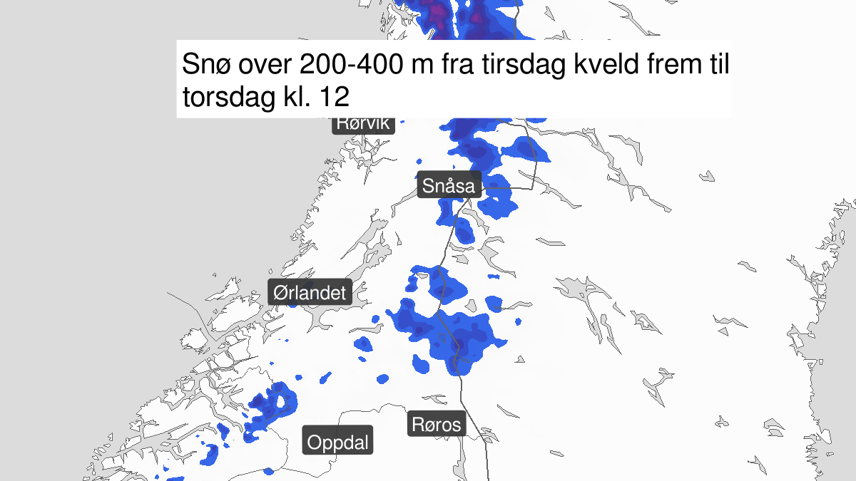 Kart over mye snø, gult nivå, Møre og Romsdal og Trøndelag, 05 May 18:00 UTC til 07 May 12:00 UTC.