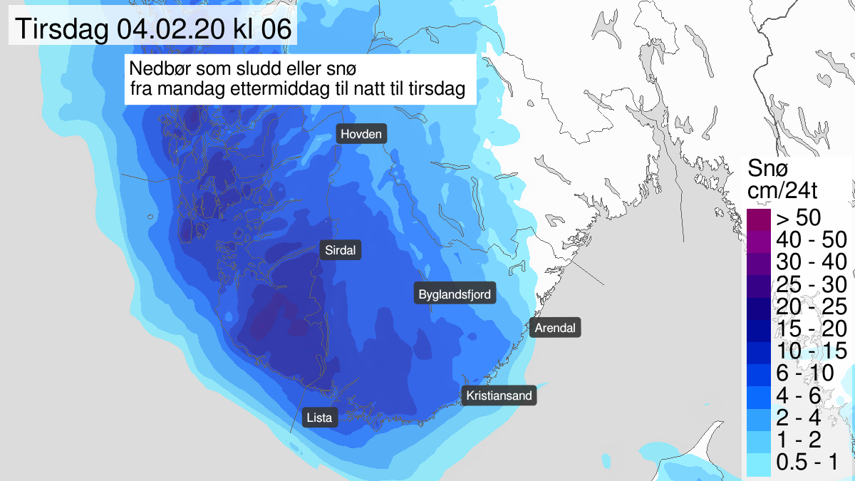 Mye snø, gult nivå, Agder, 03 February 15:00 UTC til 04 February 04:00 UTC.