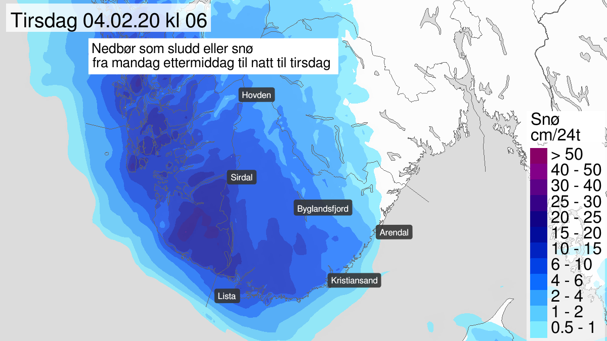 Heavy snow, yellow level, Agder, 03 February 15:00 UTC to 04 February 04:00 UTC.