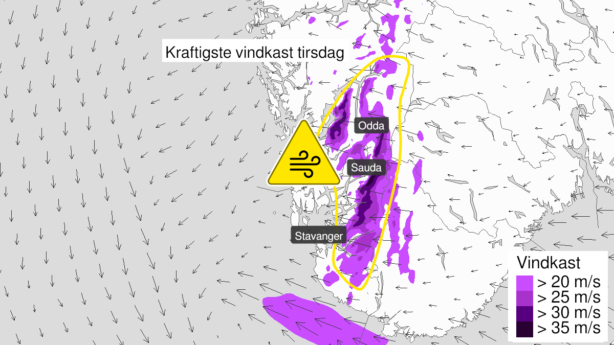 Map of strong wind gusts ongoing, yellow level, Rogaland and Hordaland, 24 May 06:00 UTC to 24 May 16:00 UTC.