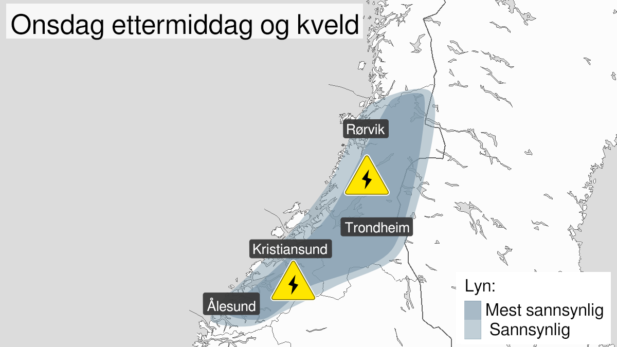 Kart over mye lyn, grønt nivå, Møre og Romsdal og Trøndelag, 07 July 11:00 UTC til 07 July 19:00 UTC.