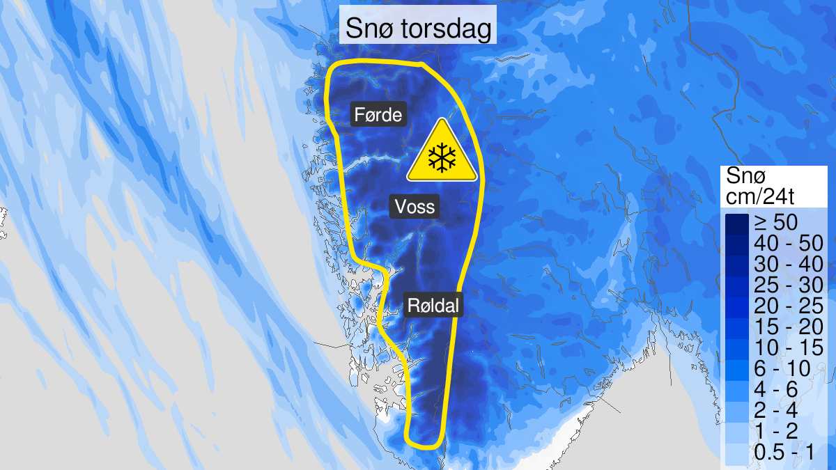 Kart over Snø, gult nivå, Midtre og indre deler av Vestlandet sør for Stad, 2023-12-21T00:00:00+00:00, 2023-12-21T23:00:00+00:00