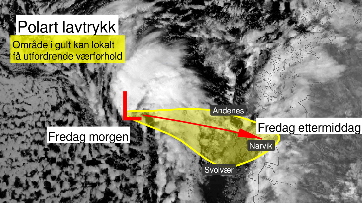Map of polar low ongoing, yellow level, Ofoten, Lofoten and Vesteraalen and Deep E4 and Vesteraalbanks, 20 March 08:00 UTC to 20 March 18:00 UTC.