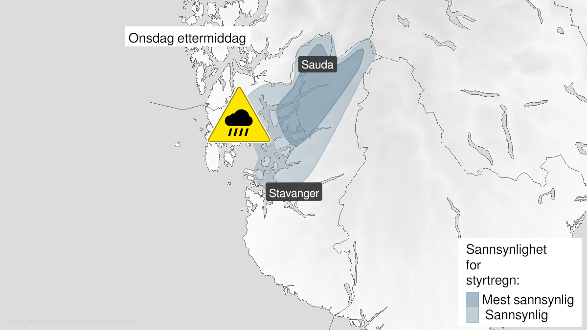 Kart over Nedgradert varsel for styrtregn, Deler av Rogaland