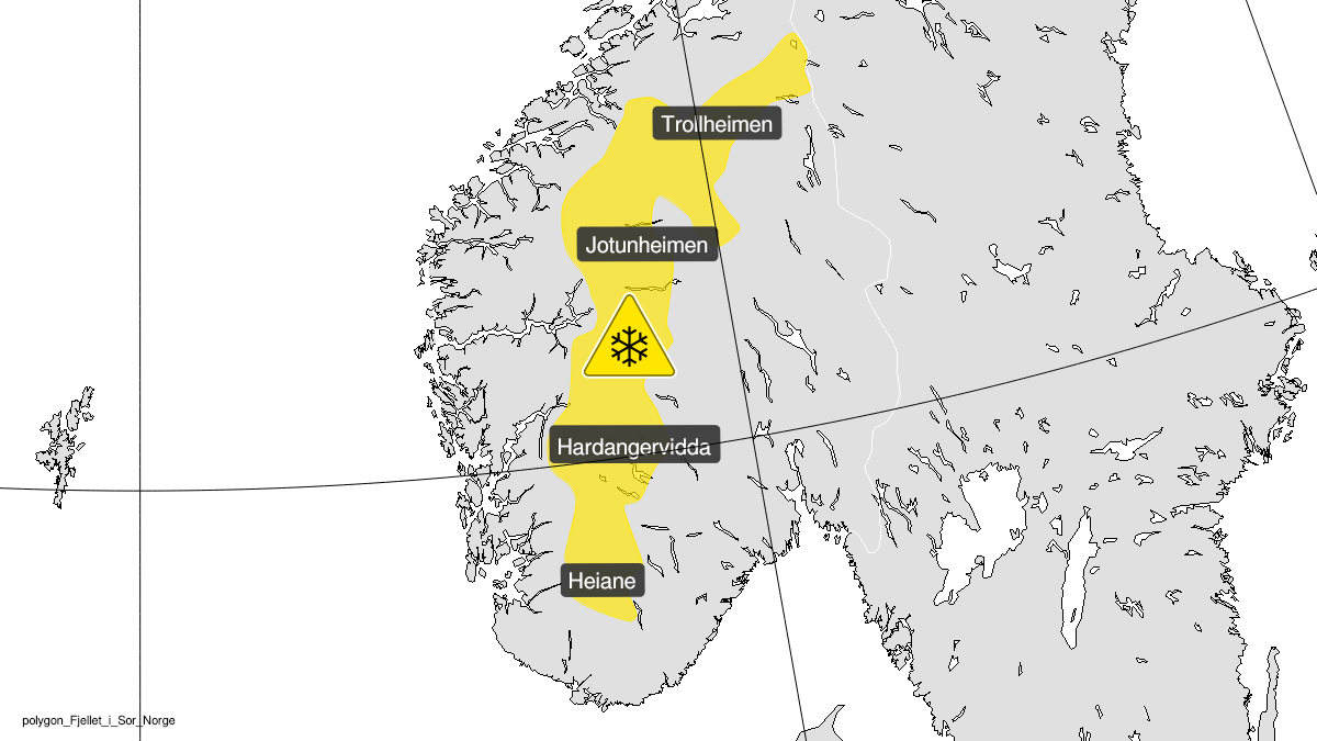 Map of blowing snow ongoing, yellow level, Fjellet i Soer-Norge, 27 January 10:00 UTC to 28 January 04:00 UTC.