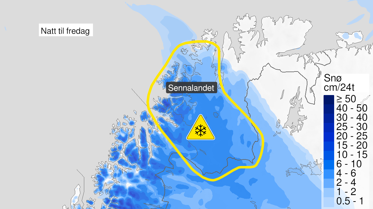 Kart over Snø, gult nivå, Fjelloverganger i Vest-Finnmark, 2024-05-09T21:00:00+00:00, 2024-05-10T12:00:00+00:00
