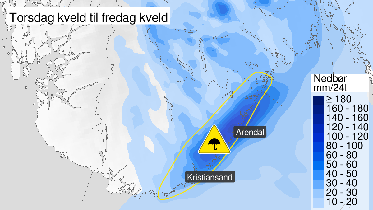 Map over Heavy rain, yellow level, Outer part of Agder, 2023-11-02T16:00:00+00:00, 2023-11-03T16:00:00+00:00