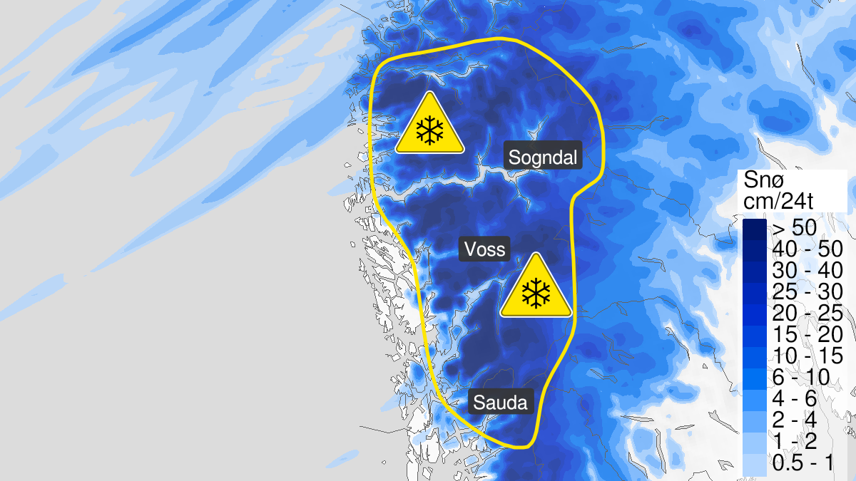Map of snow, yellow level, Nord-Rogaland, Hordaland and Sogn and Fjordane, 23 February 12:00 UTC to 25 February 06:00 UTC.