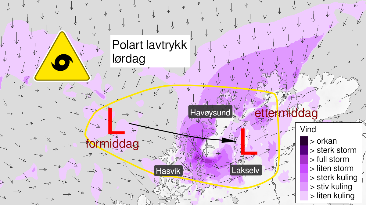 Kart over Polart lavtrykk, gult nivå, ytre strøk av Finnmark vest for Tanafjorden, Tromsøflaket, Hjelmsøybanken, 2024-03-16T08:00:00+00:00, 2024-03-16T15:00:00+00:00