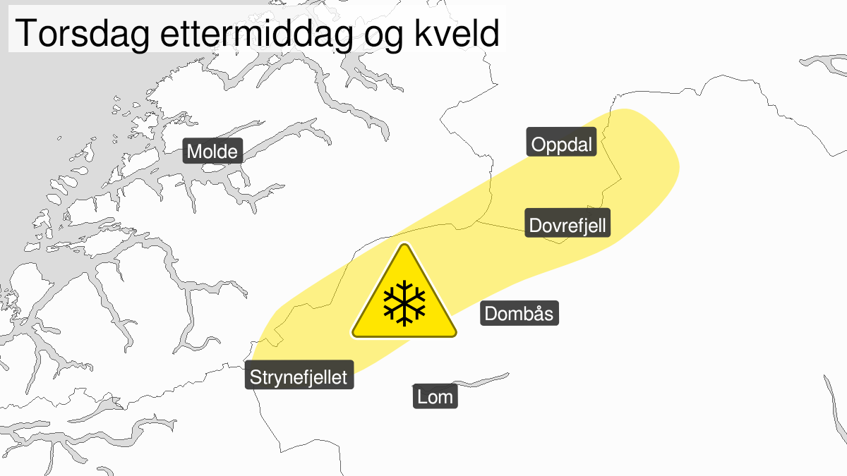 Map of blowing snow, yellow level, Fjellstroekene Dovrefjell - svenskegrensa, Fjellstroekene Trollheimen - Strynefjellet and Jotunheimen, 23 December 16:00 UTC to 23 December 21:00 UTC.