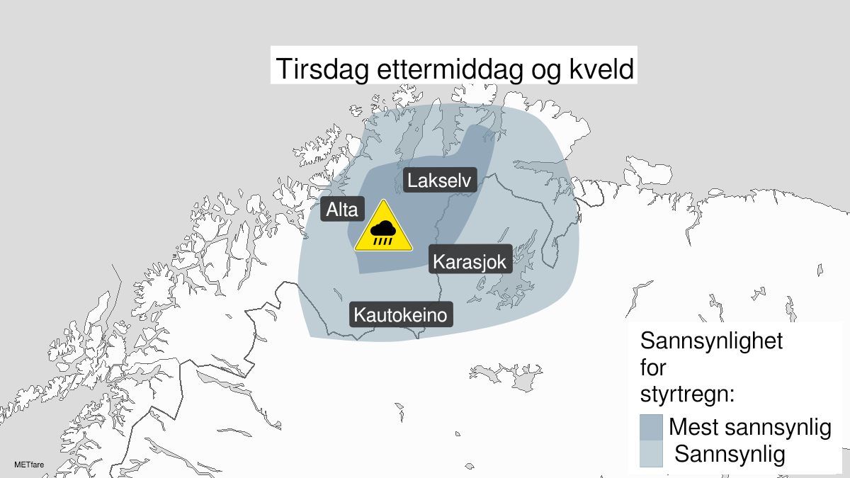 Kart over Styrtregn, gult nivå, Fjordstrøkene i Finnmark og Finnmarksvidda, 2022-08-02T11:00:00+00:00, 2022-08-02T22:00:00+00:00