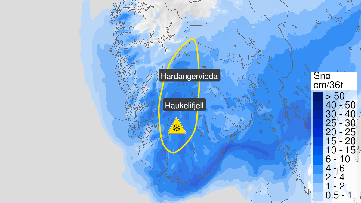 Map of blowing snow, yellow level, Langfjella, 27 December 20:00 UTC to 28 December 08:00 UTC.