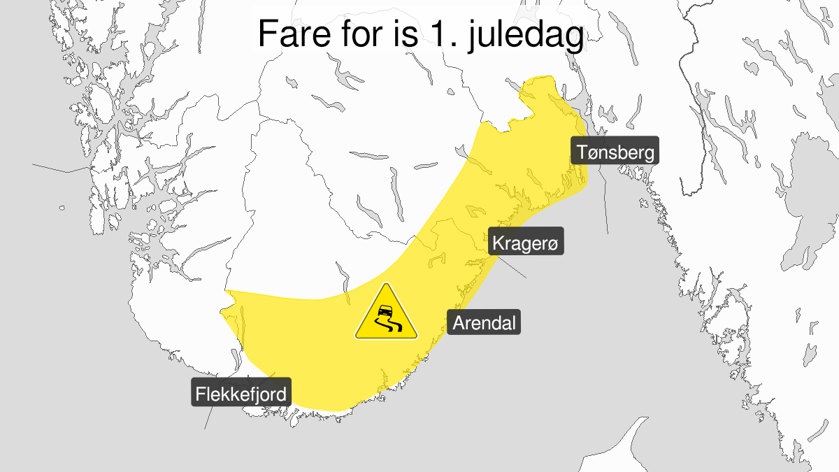 Map over Ice, yellow level, Parts of Agder, Vestfold and Telemark, 2022-12-25T06:00:00+00:00, 2022-12-25T16:00:00+00:00