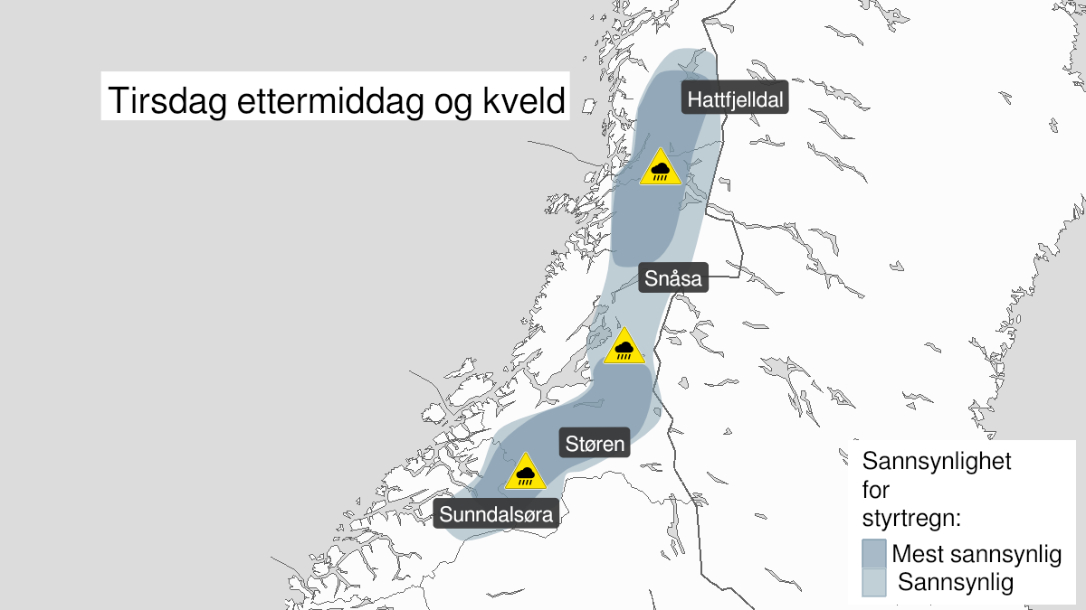 Kart over Mulighet for svært kraftig styrtregn, gult nivå, Deler av Møre og Romsdal, Trøndelag og Helgeland, 2024-06-18T11:00:00+00:00, 2024-06-18T21:00:00+00:00