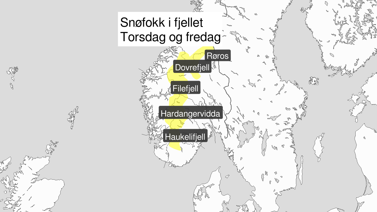 Kraftig snøfokk, gult nivå, Fjellet i Sør-Norge, 23 January 00:00 UTC til 24 January 23:00 UTC.