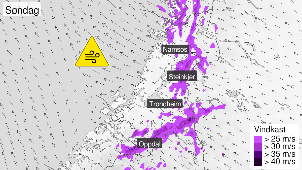 Map of strong wind gusts, yellow level, Trøndelag, 03 October 08:00 UTC to 03 October 19:00 UTC.