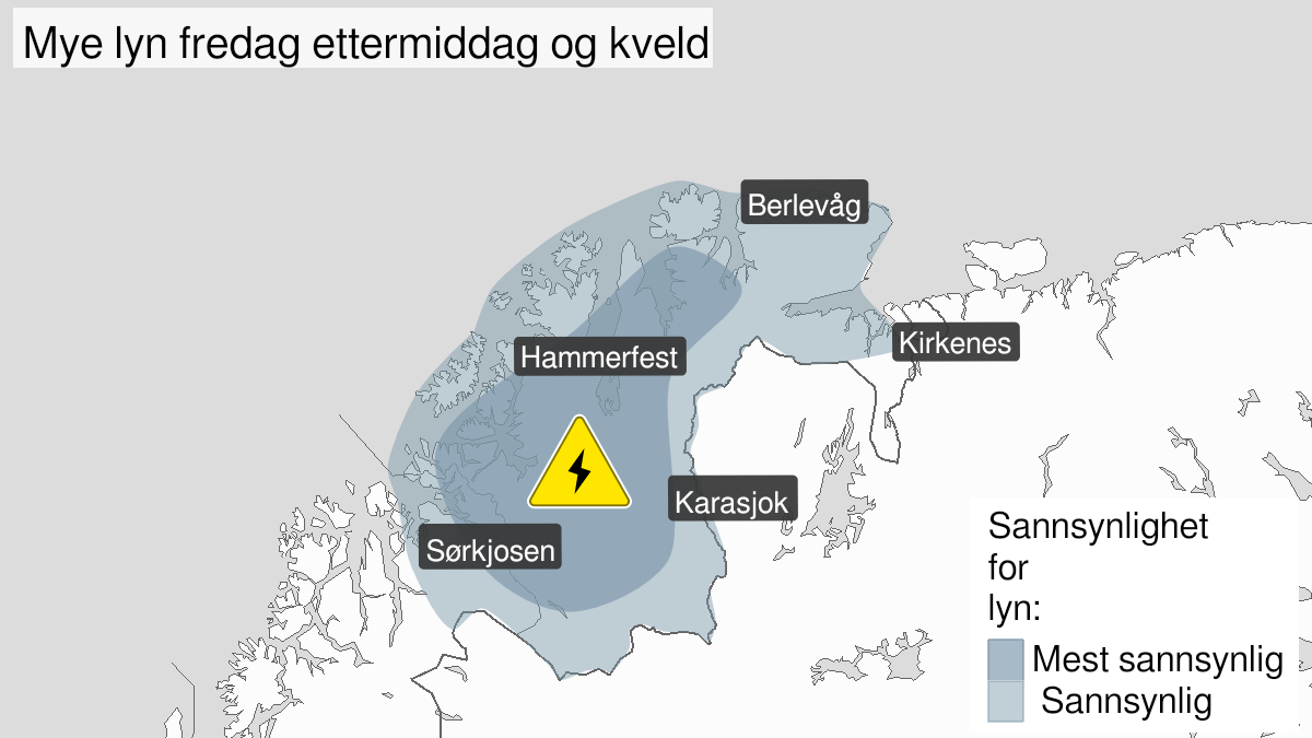 Kart over Mye lyn pågår, gult nivå, Deler av Nord-Troms og store deler av Finnmark, 2024-07-26T10:30:00+00:00, 2024-07-26T21:00:00+00:00