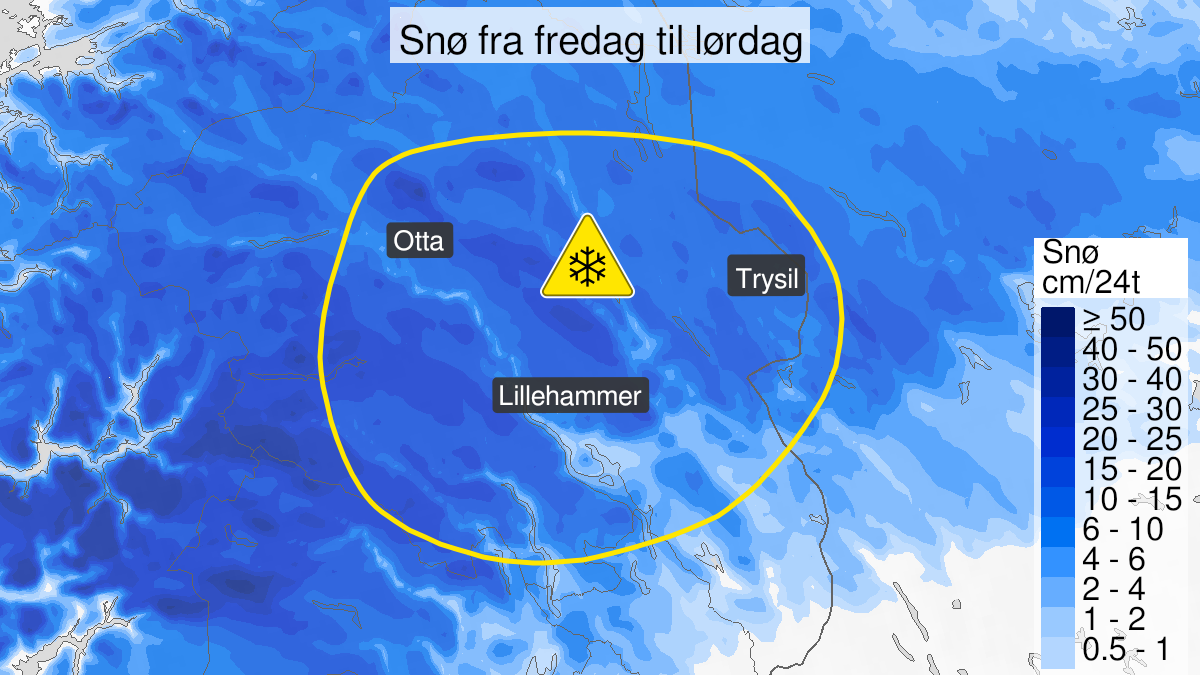 Kart over Snø, gult nivå, Deler av Innlandet fylke, 2024-03-15T11:00:00+00:00, 2024-03-16T16:00:00+00:00