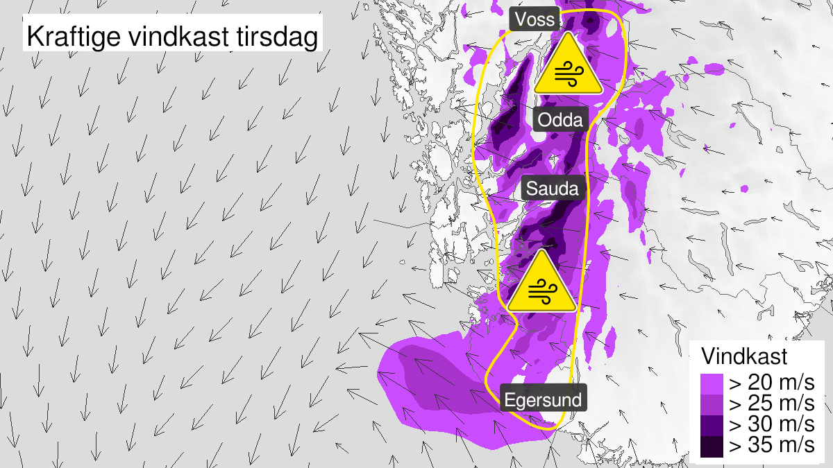 Map of strong wind gusts, yellow level, Rogaland and Hordaland, 24 May 06:00 UTC to 24 May 16:00 UTC.