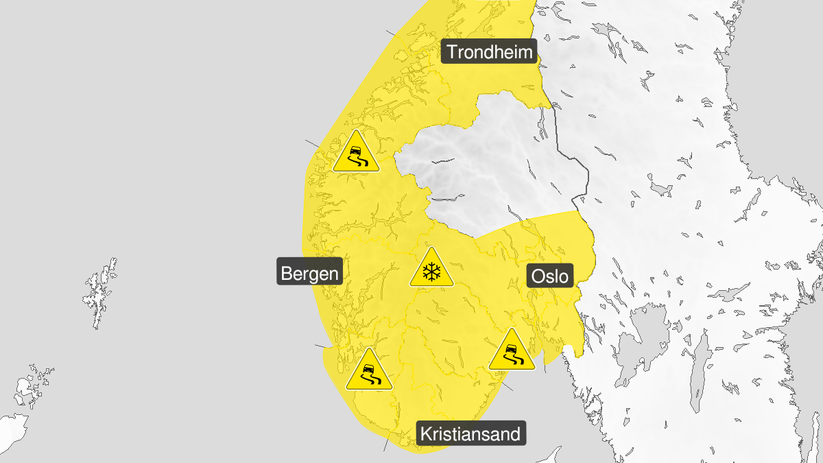 Kart over Is, gult nivå, Viken, Oslo og  Vestfold og Telemark, 2022-12-19T12:00:00+00:00, 2022-12-20T04:00:00+00:00