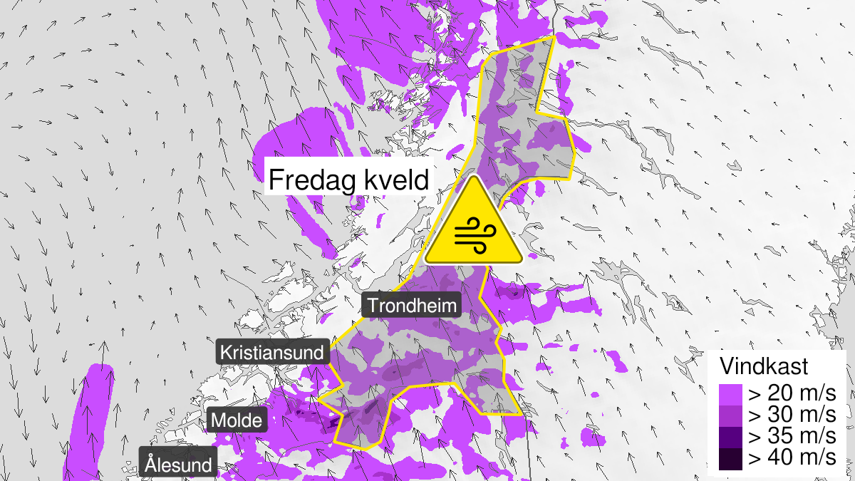 Kart over Kraftige vindkast, gult nivå, Indre strok av Trøndelag, 2022-12-30T18:00:00+00:00, 2022-12-31T03:00:00+00:00