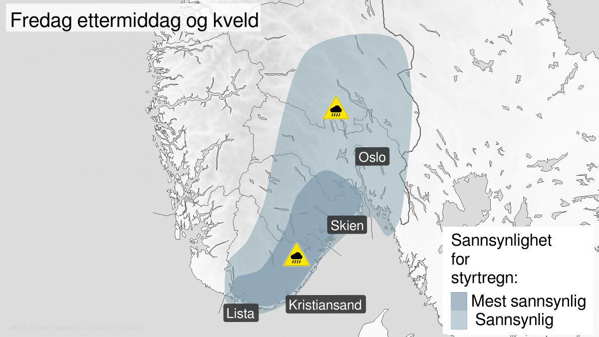 Map of heavy rainshowers, yellow level, Oestafjells, 10 July 11:00 UTC to 10 July 22:00 UTC.